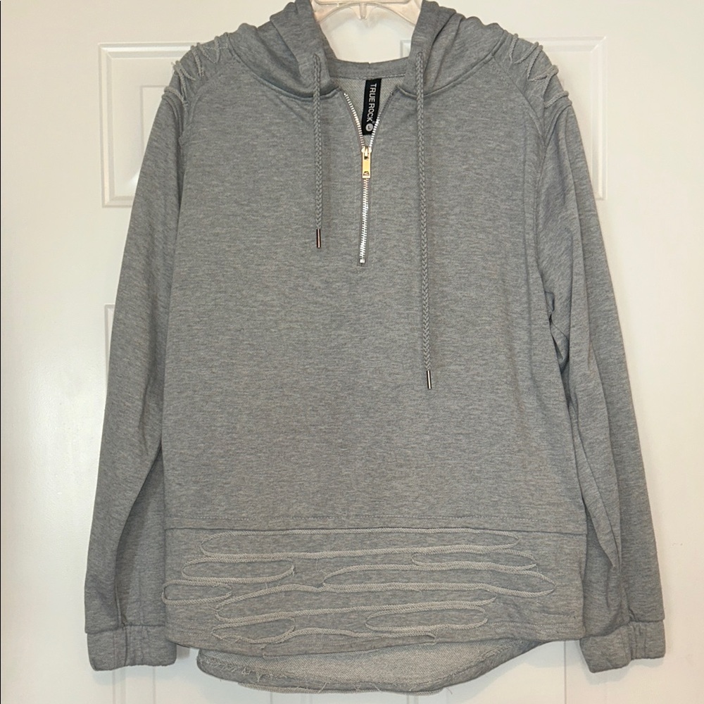 True Rock Quarter Zip Hoodie L Distressed Details Women’s Gray Loose Fit Casual